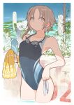  1girl blue_eyes blue_one-piece_swimsuit bottle breasts brown_hair chain-link_fence cowboy_shot fence goggles goggles_around_neck highres holding holding_swimcap holding_towel original short_hair short_hair_with_long_locks small_breasts solo swim_cap swim_cap_removed swimsuit towel tsukudani_yosuke 