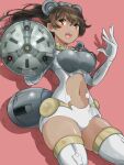  1girl 30_minutes_sisters animal_ears bear_ears blush breasts brown_eyes brown_hair clothing_cutout dark-skinned_female dark_skin dokuro_aratame fake_animal_ears gloves hair_behind_ear highres holding holding_shield leotard luluce_(30ms) mecha_musume mechanical_ears medium_breasts navel open_hand open_mouth pink_background ponytail shield skindentation solo stomach_cutout thighhighs thrusters white_gloves white_leotard white_thighhighs 