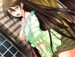  1girl bangs bra bra_pull breasts brown_hair brown_skirt clothes_lift clothes_pull dutch_angle flower game_cg green_shirt hair_between_eyes hair_flower hair_ornament half-closed_eyes hazakura_seiso indoors kawagishi_keitarou long_hair maji_de_watashi_ni_koi_shinasai! medium_breasts nipples pink_bra shiny shiny_hair shirt shirt_pull skirt skirt_lift solo straight_hair sweatdrop underwear very_long_hair yellow_eyes yellow_flower 