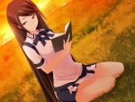  1girl bangs bare_legs black_ribbon black_skirt brown_hair closed_mouth game_cg grass half-closed_eyes hazakura_seiso holding kawagishi_keitarou kawakami_academy_uniform long_hair maji_de_watashi_ni_koi_shinasai! miniskirt neck_ribbon reading ribbon shiny shiny_hair shiny_skin shirt short_sleeves sitting skirt smile solo straight_hair sunset sweater sweater_vest swept_bangs two-tone_skirt very_long_hair white_shirt white_skirt white_sweater yellow_eyes 