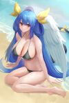  1girl absurdres angel_wings arm_support asymmetrical_wings bangs bare_shoulders barefoot beach bikini black_bikini blue_hair breasts cleavage closed_mouth collarbone commission covered_nipples dizzy_(guilty_gear) feathered_wings feet full_body guilty_gear hair_between_eyes hair_ribbon hair_rings highres kaeru_(meriruou) large_breasts long_hair looking_at_viewer monster_girl navel ocean red_eyes ribbon sand shaded_face sidelocks sitting skeb_commission skindentation smile solo stomach swimsuit tail tail_ornament tail_ribbon thighs twintails water wings yellow_ribbon 