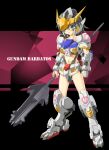  1girl 2000s_(style) aqua_eyes armor bikini_armor black_hair breastplate character_name clenched_hand full_body gundam gundam_barbatos gundam_tekketsu_no_orphans hidaka_saki highres holding_club humanization mecha_musume navel short_hair solo v-fin 