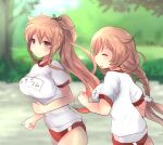  2girls alternate_costume alternate_hairstyle braid breasts brown_eyes buruma closed_eyes cloud_hair_ornament day grass gym_shirt gym_uniform hair_flaps heterochromia highres hirune_(konekonelkk) kantai_collection large_breasts light_brown_hair long_hair low_twin_braids medium_breasts minegumo_(kancolle) multiple_girls murasame_(kancolle) murasame_kai_ni_(kancolle) outdoors ponytail red_buruma red_eyes running shirt short_sleeves tree twin_braids twintails white_shirt 