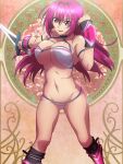  1girl anime_screencap between_breasts bikini bikini_warriors breasts cleavage fighter_(bikini_warriors) large_breasts lipstick long_hair makeup navel pink_eyes pink_hair red_lips smile solo stitched swimsuit sword third-party_edit weapon 