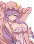  1girl armpits arms_up bangs blue_bow blunt_bangs bow breasts closed_mouth crescent crescent_hat_ornament dress hair_bow hat hat_ornament highres large_breasts light_blush mob_cap namiki_(remiter00) patchouli_knowledge purple_eyes purple_hair red_bow robe sideboob simple_background solo strapless striped striped_dress touhou white_background 