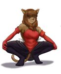  2022 ankama anthro armwear bangs breasts brown_body brown_fur brown_hair clothed clothing crouching digital_media_(artwork) dofus domestic_cat ecaflip elbow_gloves felid feline felis female fingers fur gloves hair handwear hi_res kagi_(artist) legwear looking_at_viewer mammal miranda_(wakfu) red_clothing simple_background solo spread_legs spreading thigh_highs video_games wakfu 