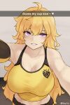  1girl ahoge armpits blonde_hair bluefield breasts cleavage english_commentary english_text grin highres large_breasts long_hair looking_at_viewer midriff outstretched_arms purple_eyes rwby selfie smile solo tank_top upper_body wavy_hair yang_xiao_long yellow_tank_top 
