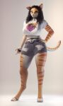  3d_(artwork) absurd_res anthro black_hair bottomwear clothing collar curled_hair digital_media_(artwork) domestic_cat eyewear felid feline felis fishnet fishnet_legwear fur glasses green_eyes hair hand_on_hip hi_res legwear mammal orange_body orange_fur pawpads rinny rinny_(character) shorts standing stripes tabby_cat 