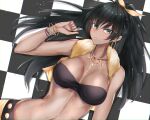  1girl bangle beyond_the_vibes_(idolmaster) black_hair black_tube_top blue_eyes blush bracelet breasts checkered_floor cleavage dark-skinned_female dark_skin ganaha_hibiki gold_necklace hair_ribbon highres hoop idolmaster jewelry large_breasts linea_alba lying navel necklace on_back on_floor pony ribbon solo strapless tube_top yakan_(mihag3000) 