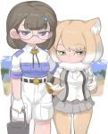  2girls animal_ears blonde_hair blush brown_gloves brown_hair brown_pantyhose bucket collared_shirt commentary_request cowboy_shot elbow_gloves expressionless fox_ears fox_girl fox_tail glasses gloves green_eyes grey_hair grey_skirt grey_vest hair_ornament hairclip highres kemono_friends khakis kuro_(kurojill) multicolored_hair multiple_girls original pantyhose plaid plaid_skirt purple_eyes shirt short_hair short_sleeves skirt t-shirt tail tibetan_fox_(kemono_friends) uniform vest white_gloves white_hair white_shirt 