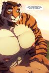  2022 abs ambiguous_species anthro barazoku beard big_muscles big_nipples big_pecs coach_night cuddling date dialogue dream_and_nightmare duo english_text eyebrows facial_hair felid first_person_view fur hair hand_on_chest hand_on_pecs hi_res huge_muscles male male/male mammal morning muscular muscular_anthro muscular_male navel night_(dream_and_nightmare) nipples notched_ear nude outside pantherine pecs scar smile talking_to_viewer text tiger tuft waking_up 