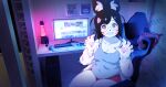  1girl absurdres animal_ears animal_hands casual cat_ears chair furry furry_female gaming_chair glasses highres indie_virtual_youtuber kisa_niya marking_on_cheek night non-web_source plump round_eyewear smile tomatomagica virtual_youtuber 