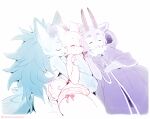  2_horns anthro blue_body blue_fur blue_hair blush blush_lines bottomwear cloak clothing eyes_closed fur girly group hair hand_holding hi_res horn male male/male mammal moffle_(species) onion_(powfooo) powfooo purple_body purple_fur purple_hair shorts sleeping smile spice_(powfooo) tan_body tan_fur tan_hair translucent trio wander_(powfooo) 