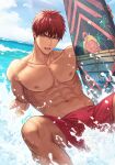  1boy abs arm_support artist_name backlighting bangs collarbone day dutch_angle holding holding_surfboard horizon kagami_taiga kuroko_no_basuke looking_at_viewer male_focus male_swimwear muscular muscular_male navel nipples ocean open_mouth outdoors partially_submerged pectorals reclining red_eyes red_hair red_male_swimwear short_hair signature solo sparkle spiked_hair spread_legs sunlight surfboard swim_trunks water water_drop waves wet wet_hair zawar379 