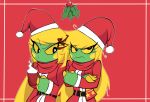  2016 3_fingers angry anthro christmas christmas_clothing christmas_headwear claws clothed clothing duo eliza_(nelljoestar) female fingers green_body hat headgear headwear hi_res holding_object holidays holly_(plant) iguanid lizard mistletoe mug nelljoestar plant reptile santa_hat scalie sibling sister sisters yellow_claws yellow_sclera 