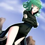  1girl ahoge bangs black_dress blush breasts collared_dress curly_hair dress green_eyes green_hair long_sleeves looking_at_viewer one-punch_man open_mouth parted_lips psychic short_hair side_slit small_breasts solo tatsumaki telekinesis thighs umekichi52525 
