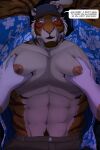  2022 abs aloha_shirt ambiguous_species anthro anthro_on_anthro barazoku beard big_muscles big_nipples big_pecs blush body_hair bottomwear clothed clothing coach_night date dialogue dream_and_nightmare duo english_text eyebrows facial_hair felid first_person_view front_view fur hand_on_chest hand_on_pecs happy_trail hi_res huge_muscles looking_at_viewer male male/male mammal muscular muscular_anthro muscular_male navel night_(dream_and_nightmare) nipples notched_ear open_clothing open_shirt open_topwear pantherine pattern_clothing pattern_shirt pattern_topwear pec_grasp pec_squeeze pec_squish pecs pubes scar shirt shorts squish talking_to_viewer text tiger topwear tuft 