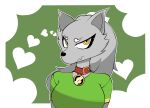  &lt;3 2016 anthro canid canine canis clothed clothing collar embarrassed female fur grey_body grey_fur grey_hair hair hi_res long_hair mammal nelljoestar shirt solo t-shirt topwear wolf yellow_eyes 