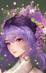  flower hair_flower hair_ornament japanese_clothes kimono makeup original purple_eyes purple_hair shiny shiny_hair simple_background updo wavy_hair white_kimono 