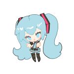  1girl absurdly_long_hair bangs black_footwear black_skirt black_sleeves blue_eyes blue_hair boots chibi chinese_commentary collared_shirt detached_sleeves eyebrows_hidden_by_hair full_body grey_shirt hatsune_miku highres indai_(3330425) legs_apart light_blush long_hair open_mouth pleated_skirt reaching_out shirt simple_background skirt sleeveless sleeveless_shirt smile solo thigh_boots twintails very_long_hair vocaloid white_background 
