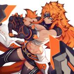  1girl abs asher_(omega_strikers) bandages belt black_shorts blue_eyes breasts eyepatch gloves highres james_ghio large_breasts liyart long_hair muscular muscular_female official_art omega_strikers orange_hair sarashi shorts simple_background smile solo spiked_hair stretching thighhighs thighs white_background 