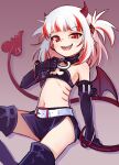  1girl arm_support armpit_crease bangs black_footwear boots choker cosplay demon_horns demon_tail disgaea dudul elbow_gloves english_commentary etna_(disgaea) etna_(disgaea)_(cosplay) flat_chest gawr_gura gills gloves gradient gradient_background highres hololive hololive_english horns looking_at_viewer multicolored_hair navel o-ring o-ring_choker open_mouth pointy_ears red_eyes red_hair sharp_teeth skirt slit_pupils smile solo stomach streaked_hair tail teeth thigh_boots virtual_youtuber white_hair 