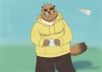  2022 absurd_res anthro black_nose bottomwear brown_body canid canine clothing eyewear glasses hi_res hoodie humanoid_hands kemono kounosuke_(morenatsu) kumatoron letter male mammal morenatsu overweight overweight_male pants raccoon_dog solo tanuki topwear video_games visual_novel 