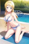  1girl ai-generated ayase_eli bikini blonde_hair blue_eyes breasts feet frilled_bikini frills full_body ka_sa kneeling large_breasts looking_at_viewer love_live! love_live!_school_idol_project pool swimsuit 