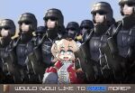  1girl blue_eyes blurry blurry_background bow brown_hair cape closed_mouth crossover dress english_commentary english_text expressionless frills girls&#039;_frontline hair_bow helmet highres holding holding_helmet long_sleeves looking_ahead looking_at_viewer military military_uniform multiple_boys open_mouth red_cape ribbon serjatronic smile soldier starship_troopers two_side_up uniform upper_body webley_(girls&#039;_frontline) white_bow white_dress 
