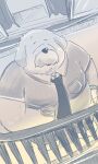  2022 anthro belly big_belly can canid canine canis container dain_4201 detailed_background domestic_dog eyes_closed facial_hair hi_res kemono male mammal mature_male mustache necktie overweight overweight_male solo 