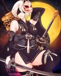  1girl absurdres alternate_costume arm_behind_head bangs black_blindfold blindfold blonde_hair breasts detached_sleeves fox_mask greatsword highres holding holding_sword holding_weapon katana knees_up light_smile looking_at_viewer mask medium_breasts mole mole_under_mouth moon multiple_swords nier_(series) nier_automata pink_lips short_hair smile solo swept_bangs sword tassel thighhighs thighs truejekart weapon yorha_no._2_type_b zettai_ryouiki 