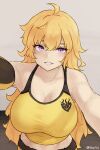 1girl ahoge armpits blonde_hair bluefield breasts cleavage english_commentary grin highres large_breasts long_hair looking_at_viewer midriff outstretched_arms purple_eyes rwby selfie smile solo tank_top upper_body wavy_hair yang_xiao_long yellow_tank_top 