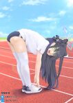  1girl animal_ear_fluff animal_ears artist_name ass bent_over black_hair blue_archive blue_buruma buruma cloud from_side green_eyes gym_uniform highres legs long_hair looking_at_viewer mafa_(gwsu8222) open_mouth outdoors running_track shirt shoes short_sleeves shun_(blue_archive) shun_(small)_(blue_archive) sky smile solo stretching thighhighs thighs tiger_ears tiger_girl track_and_field watermark white_footwear white_shirt white_thighhighs 