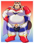  12beat13 2022 absurd_res anthro belly big_belly black_nose brown_body canid canine cape clothing gutsbacks hi_res humanoid_hands kemono male mammal moobs overweight overweight_male raccoon_dog skinsuit solo superhero tanuki tight_clothing 