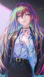  1girl absurdres belt black_pants blue_nails breasts choker earrings gradient_hair highres jacket jacket_on_shoulders jewelry long_hair multicolored_hair nababa open_clothes open_jacket original pants solo_focus tattoo 