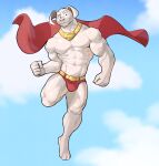  2022 abs anthro barazoku barefoot belt bent_leg biceps big_muscles bulge canid canine canis cape clothed clothing cloud collar day dc_comics domestic_dog eyebrows feet flying fur hi_res jrjresq krypto krypto_the_superdog looking_at_viewer male mammal muscular muscular_anthro muscular_male navel obliques pecs quads sky smile solo speedo superhero swimwear topless topless_anthro topless_male tuft vein veiny_muscles 