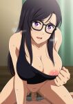  1boy 1girl black_hair black_shirt breasts censored clothes_pull cowgirl_position curtains glasses hara_(harayutaka) hetero highres indoors large_breasts long_hair looking_at_viewer minakata_hizuru mosaic_censoring navel nipples one_breast_out open_mouth penis pov purple_eyes pussy pussy_juice sex shirt shirt_pull solo_focus straddling straight_hair summertime_render sweat tank_top vaginal 