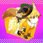  1girl :&lt; all_fours animal_ears bag black_headwear bow bowtie brown_fur brown_gloves brown_hair commentary_request extra_ears ezo_red_fox_(kemono_friends) fox_ears fox_girl fox_tail fur_trim gloves hair_between_eyes halloween hat in_bag in_container jacket kemono_friends long_hair long_sleeves multicolored_hair nan_okitsune orange_eyes orange_hair orange_jacket pleated_skirt skirt solo tail transparent white_bow white_bowtie white_skirt witch_hat 
