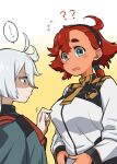  2girls ahoge aqua_eyes bangs black_hairband blush breast_poke closed_mouth commentary_request grey_eyes grey_hair gundam gundam_suisei_no_majo hair_between_eyes hairband humiu long_hair low_ponytail miorine_rembran multiple_girls nipple_press open_mouth poking red_hair school_uniform shaded_face suletta_mercury swept_bangs thick_eyebrows 