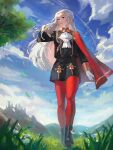  1girl artist_name ascot black_footwear blue_sky cape closed_mouth cloud commentary day edelgard_von_hresvelg emknov english_commentary fire_emblem fire_emblem:_three_houses floating_hair forehead garreg_mach_monastery_uniform gloves grass hair_ribbon highres leaf lips long_hair long_sleeves looking_away outdoors pantyhose pink_lips purple_eyes purple_ribbon red_cape red_pantyhose ribbon sky solo tree twitter_username walking white_ascot white_gloves white_hair 