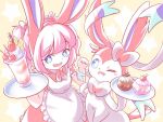  2019 ambiguous_gender angehistoire apron arm_grab blue_eyes blue_sclera breasts candy cherry chocolate clothed clothing coiling_self cupcake cute_fangs dairy_products dessert dress duo eeveelution fake_ears female feral food frilly frilly_apron frilly_clothing front_view fruit fully_clothed generation_6_pokemon hair high-angle_view holding_ear holding_tray human icing looking_at_viewer looking_up maid_uniform mammal nintendo offering_food one_eye_closed open_mouth open_smile pattern_background pink_clothing pink_dress pink_hair plant pokemon pokemon_(species) ponytail portrait serving_tray simple_background sitting smile standing star-shaped_background strawberry sundae sylveon tan_background three-quarter_portrait uniform video_games waiter whipped_cream wink winking_at_viewer 