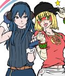  2girls :p arms_(game) baseball_cap black_headwear blonde_hair blue_eyes blue_hair bob_cut bracelet domino_mask fakaisoko94 fingerless_gloves fire_emblem fire_emblem_awakening flat_color gloves green_eyes hat headphones highres jewelry long_hair lucina_(fire_emblem) mask min_min_(arms) multiple_girls orange_shirt shirt sleeveless sleeveless_turtleneck super_smash_bros. tongue tongue_out turtleneck wrist_cuffs 