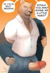 2022 anthro beastars big_muscles big_penis bottomwear brown_bear clothed clothing dialogue dress_shirt english_text erection fur genitals gradient_background hi_res humanoid_genitalia humanoid_penis in_rut inviting jacket jayjay_(artist) looking_at_viewer male mammal muscular muscular_anthro muscular_male orange_background pants penis poking_out riz_(beastars) shirt signature simple_background smile solo standing talking_to_viewer teeth text tongue topwear tuft unzipped ursid ursine 