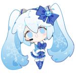 1girl absurdly_long_hair bangs blue_bow blue_eyes blue_footwear blue_hair blue_jacket blue_mittens blue_skirt boots bow chibi chinese_commentary commentary full_body fur-trimmed_boots fur-trimmed_jacket fur-trimmed_sleeves fur_collar fur_trim grin hair_between_eyes hair_bow hatsune_miku headset indai_(3330425) jacket light_blush long_hair long_sleeves microphone mittens no_pupils own_hands_together pleated_skirt simple_background skirt smile snowflake_in_hair snowflakes solo standing thigh_boots twintails very_long_hair vocaloid white_background winter_clothes yuki_miku yuki_miku_(2012) 