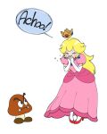  blonde_hair blush crown dress earrings full_body gloves goomba high_heels highres jewelry long_hair mario_(series) pink_dress princess_peach sagami_youhei sneezing white_background white_gloves 