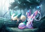  2019 ambiguous_gender angehistoire blue_sclera blush depth_of_field detailed_background duo eeveelution elemental_creature eyes_closed feral flora_fauna forest forest_background generation_4_pokemon generation_6_pokemon head_leaf helping hi_res leaf_ears leaf_tail leafeon leg_markings log lying markings nature nature_background nintendo on_front on_log outside plant pokemon pokemon_(species) raining shelter sleeping smile socks_(marking) sylveon tree video_games water wood 