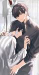  absurdres ameinu bad_source black_eyes black_hair black_shirt brown_hair crying crying_with_eyes_open from_behind from_side highres hospital hug shirt tears white_shirt yaoi 
