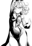  1girl arm_over_head arm_up breasts contrapposto covered_navel cowboy_shot dress greyscale groin highres monochrome one-punch_man pelvic_curtain rom_(20) small_breasts solo tatsumaki 