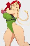  1girl antenna_hair beret blonde_hair blue_eyes braid breasts cammy_white fingerless_gloves gloves green_leotard hat highleg highleg_leotard highres large_breasts legs leotard lips looking_at_viewer muscular muscular_female pose red_gloves red_headwear solo strap street_fighter street_fighter_v thighs twin_braids white_background wide_hips yoracrab 