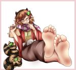  1girl :3 absurdres animal_ears bangs barefoot border brown_eyes brown_hair brown_kimono checkered_clothes checkered_scarf closed_mouth commission ethan_(33327245) feet foreshortening full_body futatsuiwa_mamizou geta glasses highres japanese_clothes kimono leaf leaf_on_head long_sleeves looking_at_viewer one_eye_closed pink_border raccoon raccoon_ears raccoon_girl scarf short_hair simple_background soles solo toes touhou white_background 